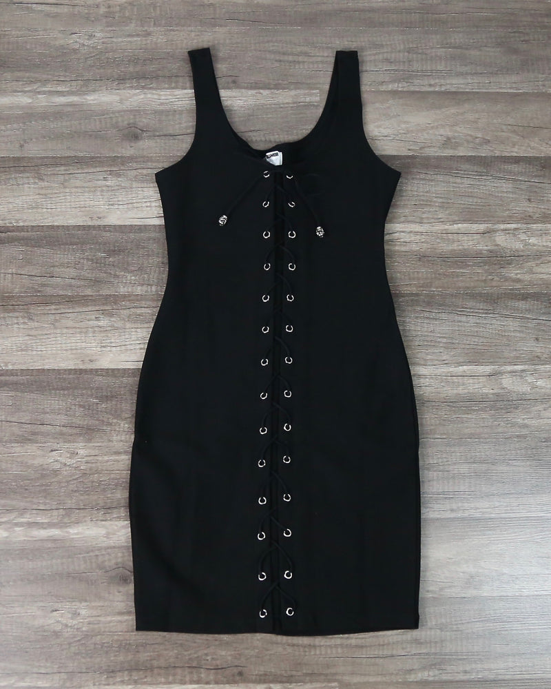 Turning Heads Lace Up Bodycon Dress in Black