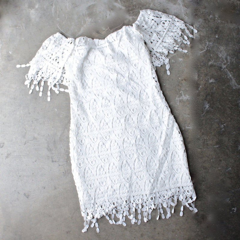 off the shoulder fringe crochet bodycon dress - white - shophearts - 1