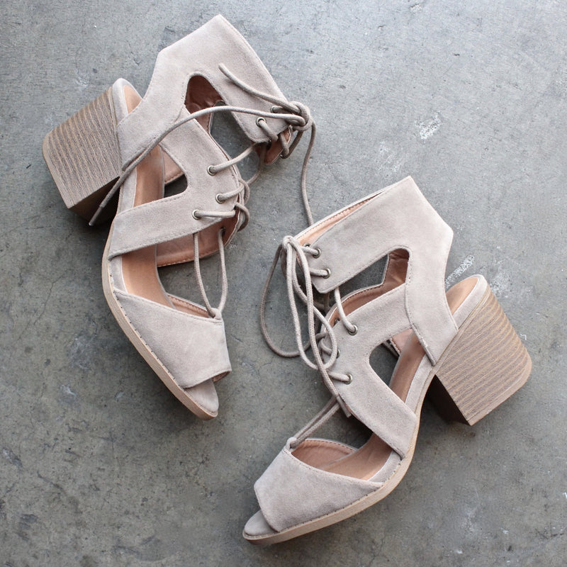 lace-up cutout heeled sandal - taupe - shophearts - 1