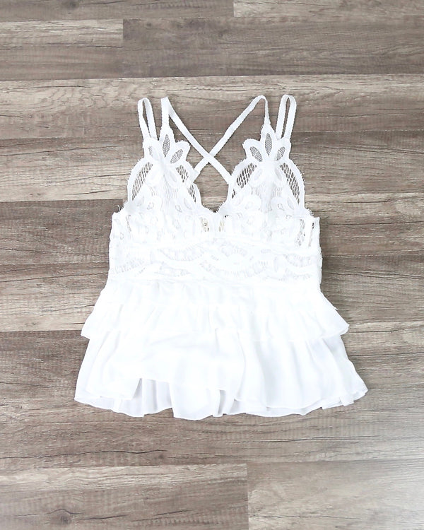 Lace V-Neck Tiered Ruffle Top with Smocked Back in Ivory