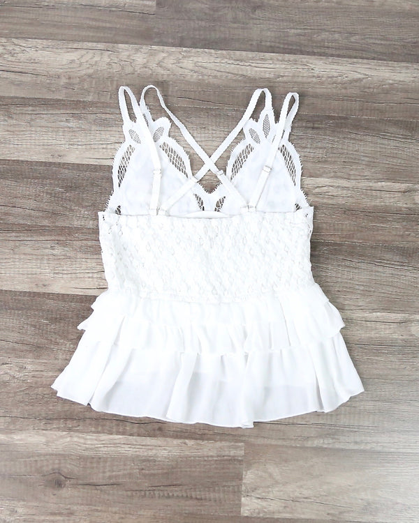 Lace V-Neck Tiered Ruffle Top with Smocked Back in Ivory