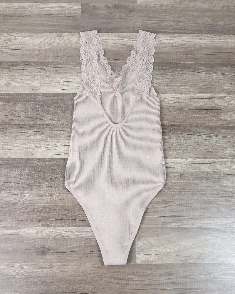 Ribbed Lace Trim Bodysuit in More Colors