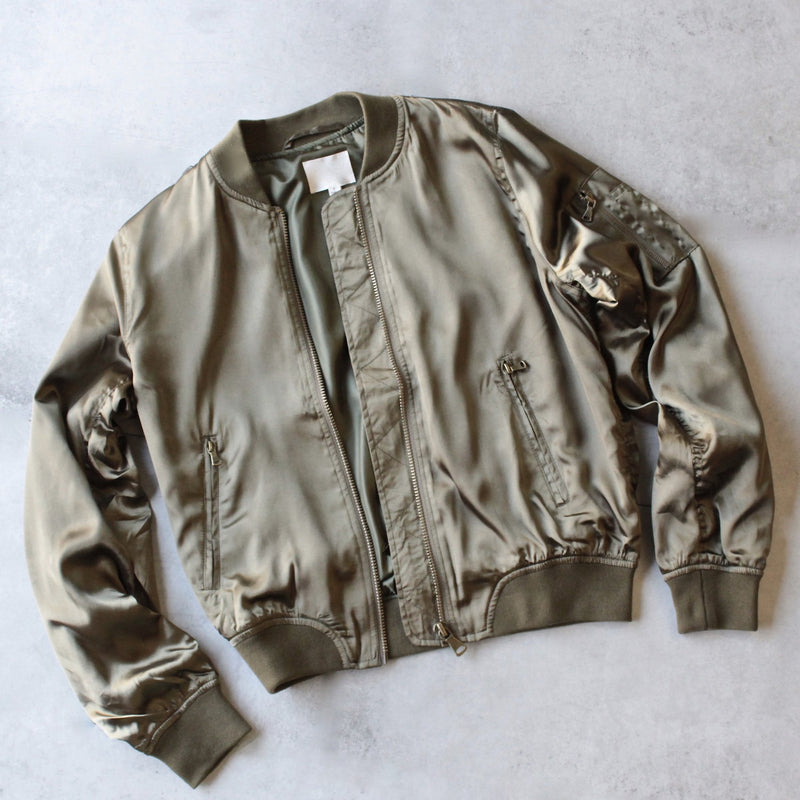 lightweight satin bomber jacket - olive - shophearts - 1