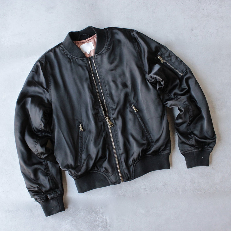 padded satin bomber jacket - black - shophearts - 1