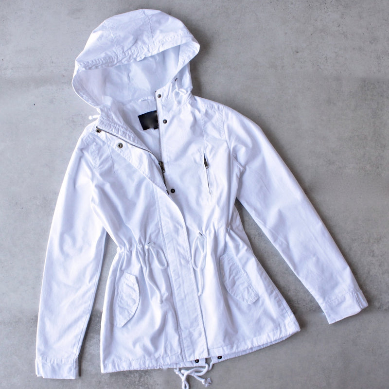 womens hooded utility parka jacket with drawstring waist - white - shophearts