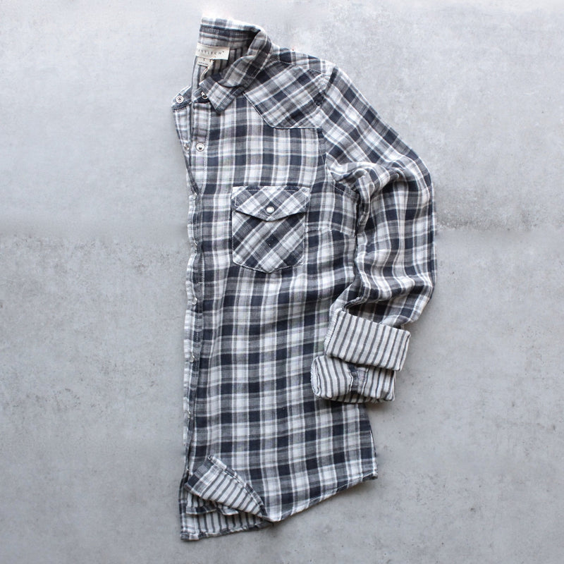 vintage affair soft button up womens plaid flannel long sleeve shirt - navy/white - shophearts - 1