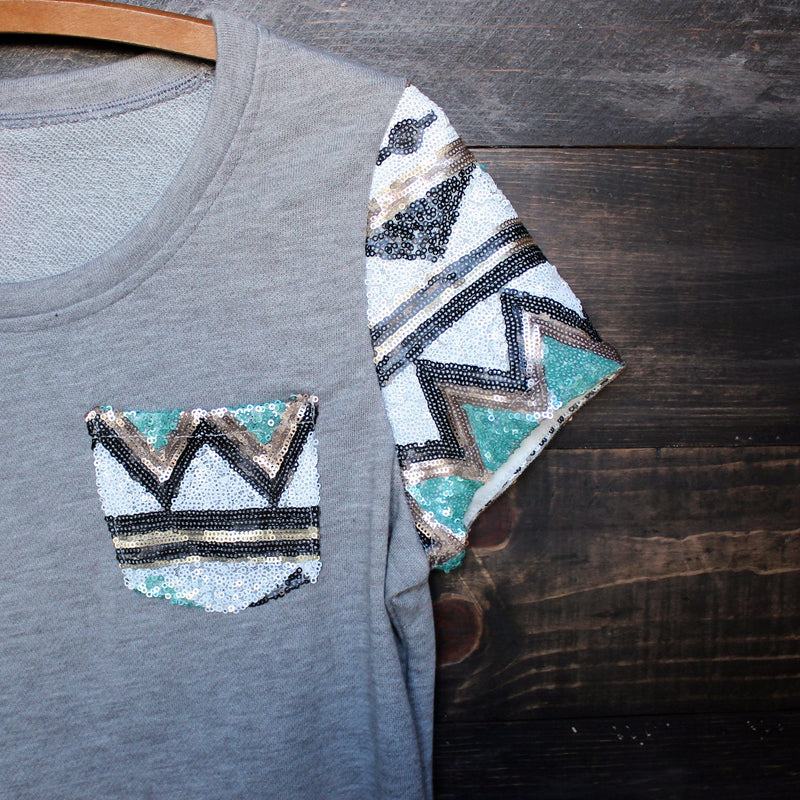 FINAL SALE - it girl aztec sequin pocket short sleeves french terry t shirt grey - shophearts - 3