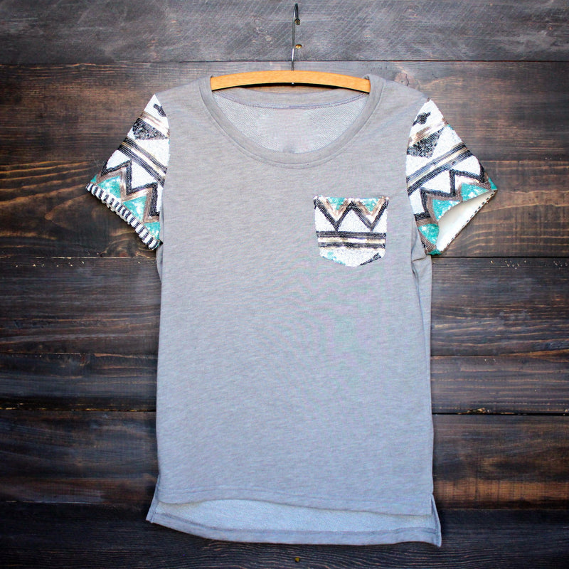 FINAL SALE - it girl aztec sequin pocket short sleeves french terry t shirt grey - shophearts - 1