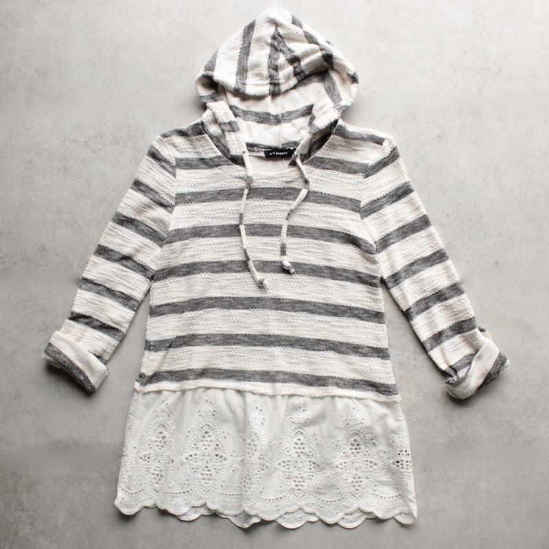 striped vintage lace hem womens hoodie sweater top - shophearts - 1