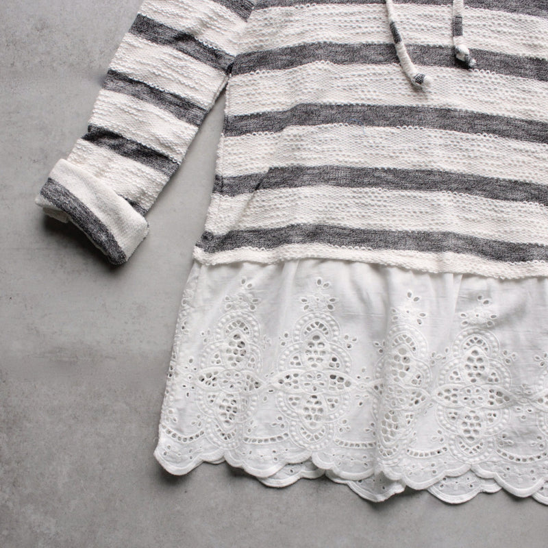 striped vintage lace hem womens hoodie sweater top - shophearts - 3