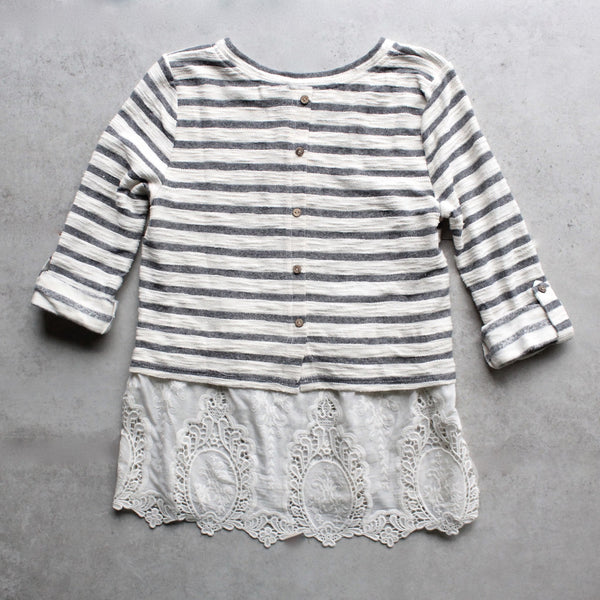 striped button-up back vintage lace hem womens sweater top - shophearts - 2
