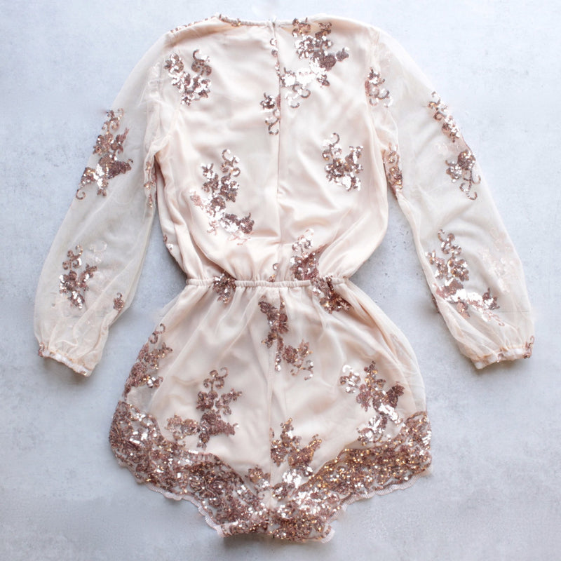 reverse - life of the party sequin romper rosegold gold