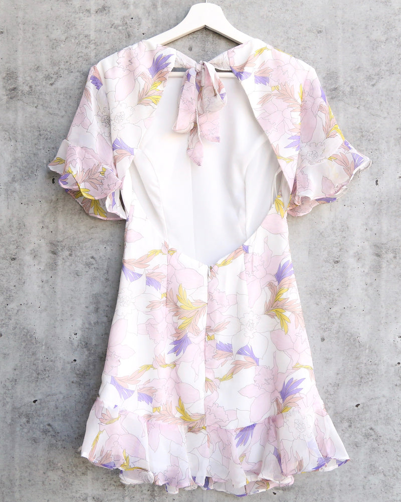 Open Back Floral Printed Chiffon Mini Dress in White