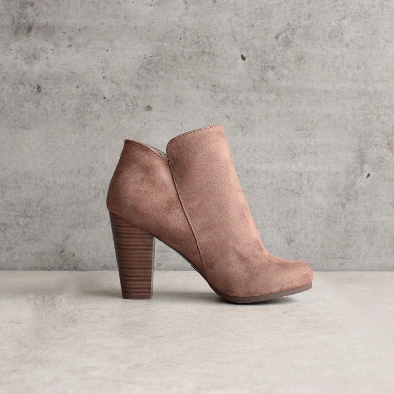 almond toe stacked heel vegan suede booties - taupe - shophearts - 3