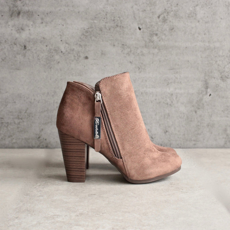 almond toe stacked heel vegan suede booties - taupe - shophearts - 4