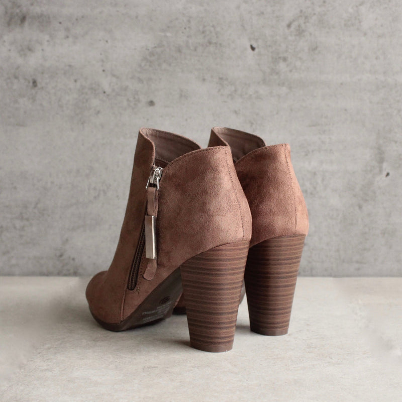 almond toe stacked heel vegan suede booties - taupe - shophearts - 2