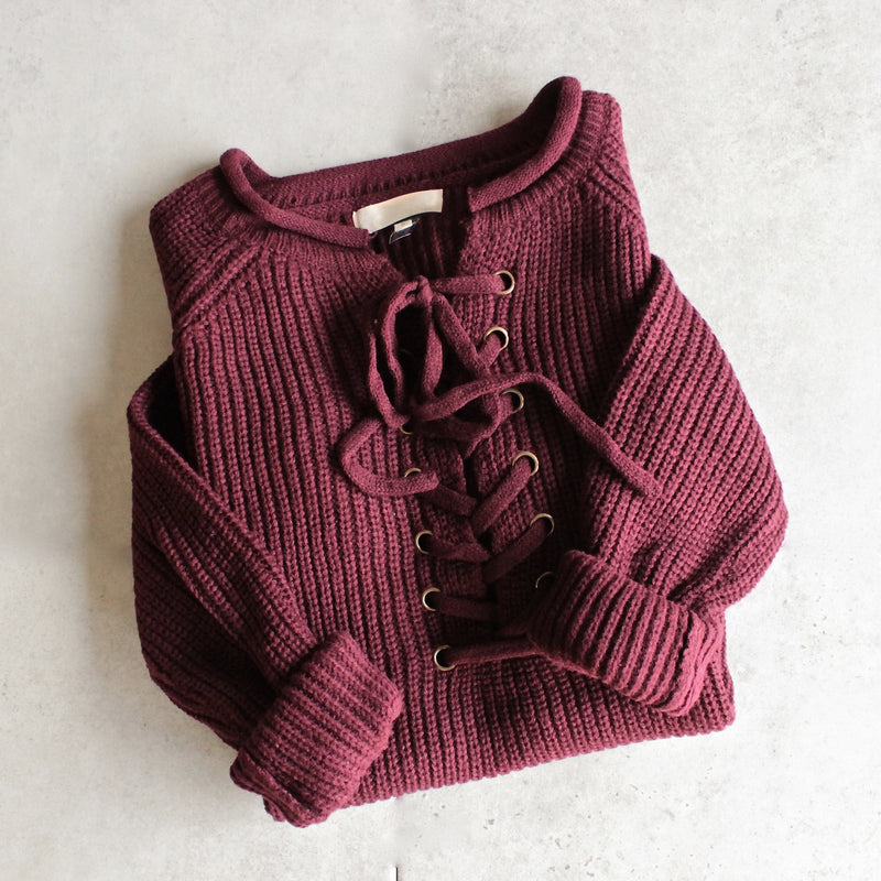 all tied up lace-up front sweater - burgundy - shophearts - 1
