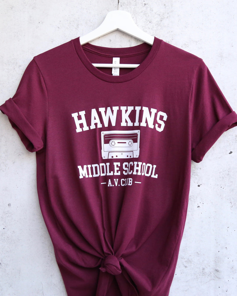 Distracted - Hawkins Middle School Unisex Graphic Tee in Burgundy/White