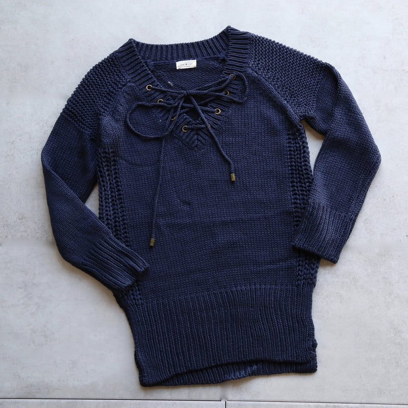 lace-up knit sweater in navy - shophearts - 1