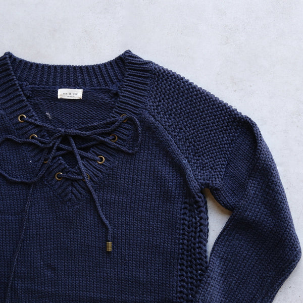 lace-up knit sweater in navy - shophearts - 2