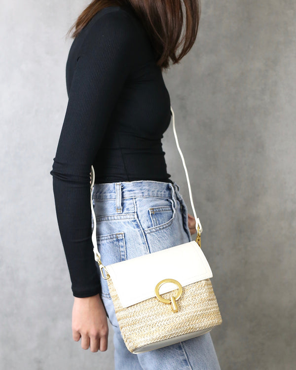 Laura Vegan Leather Mini Straw Crossbody Hand Bag Purse in Ivory