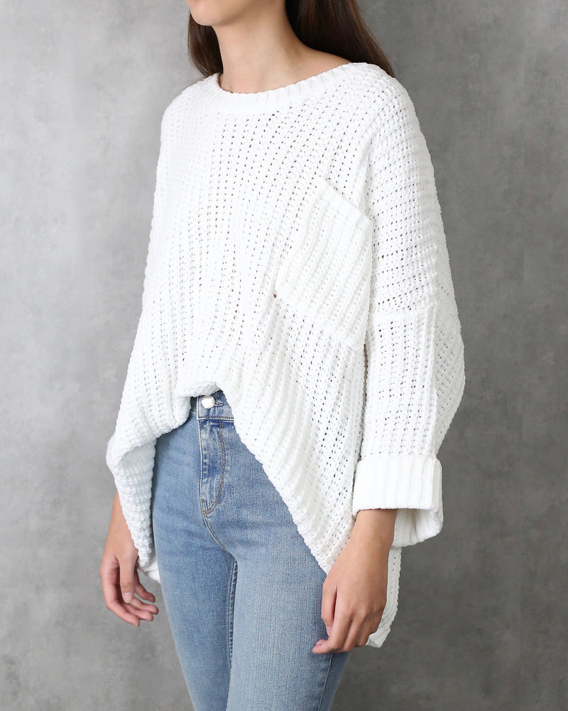 Odette Oversized Cuffed Chenille Knit Sweater in White