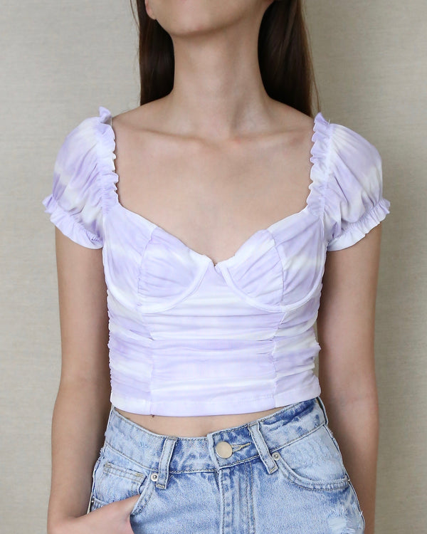Talia Tie Dye Ruched Mesh Puff Sleeve Top in Lavender