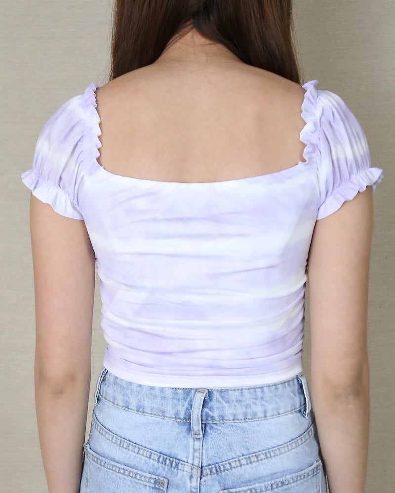 Talia Tie Dye Ruched Mesh Puff Sleeve Top in Lavender