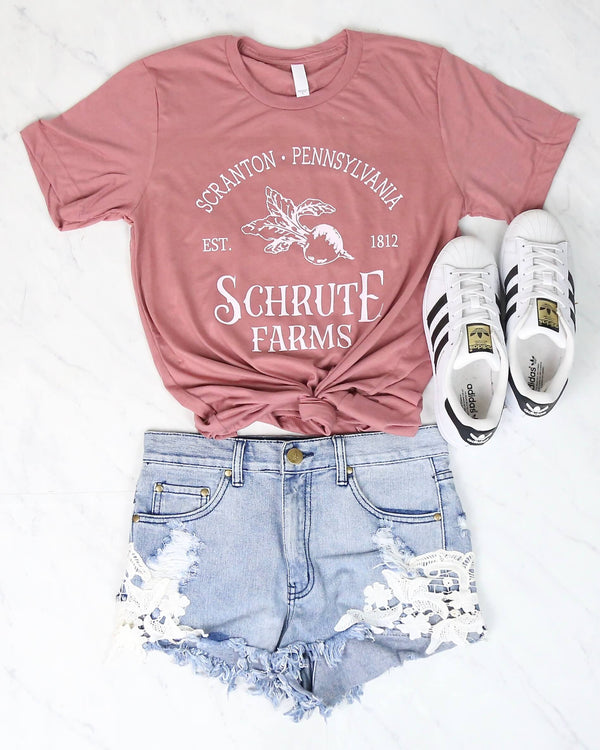 Distracted - Shrute Farms Beets Bed and Breakfast Graphic Tee in Pink