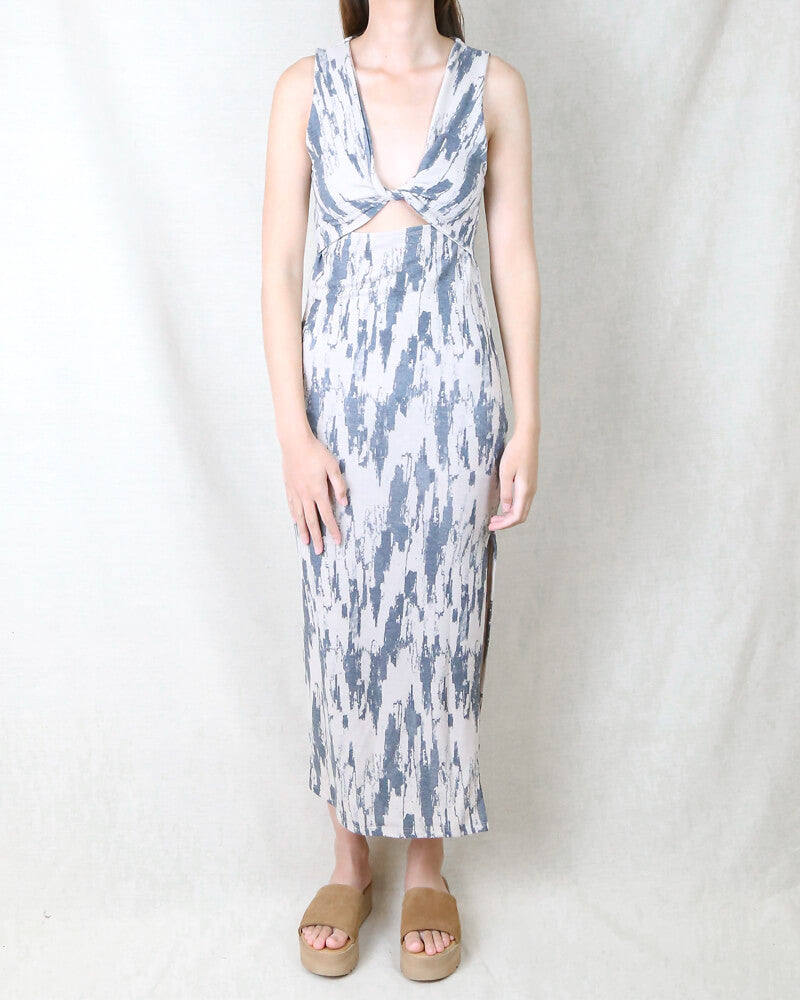 Tessa Tie Dye Cut Out Printed Midi Dress in Taupe Charcoal