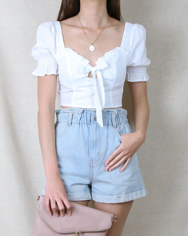bustier - crop top - blouse - front tie - billowing sleeves - ruffles - white 