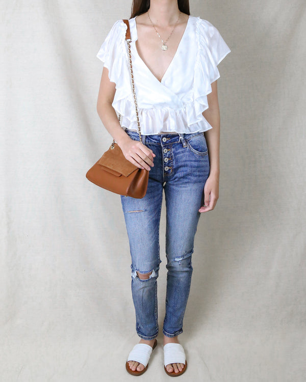 v neck - crop top - ruffle trim - flowy top - blouse - ivory