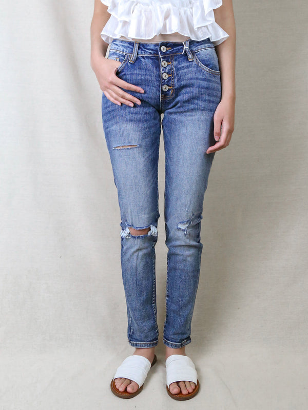 denim jeans - distressed - ripped - high waisted - skinny - medium wash - faded