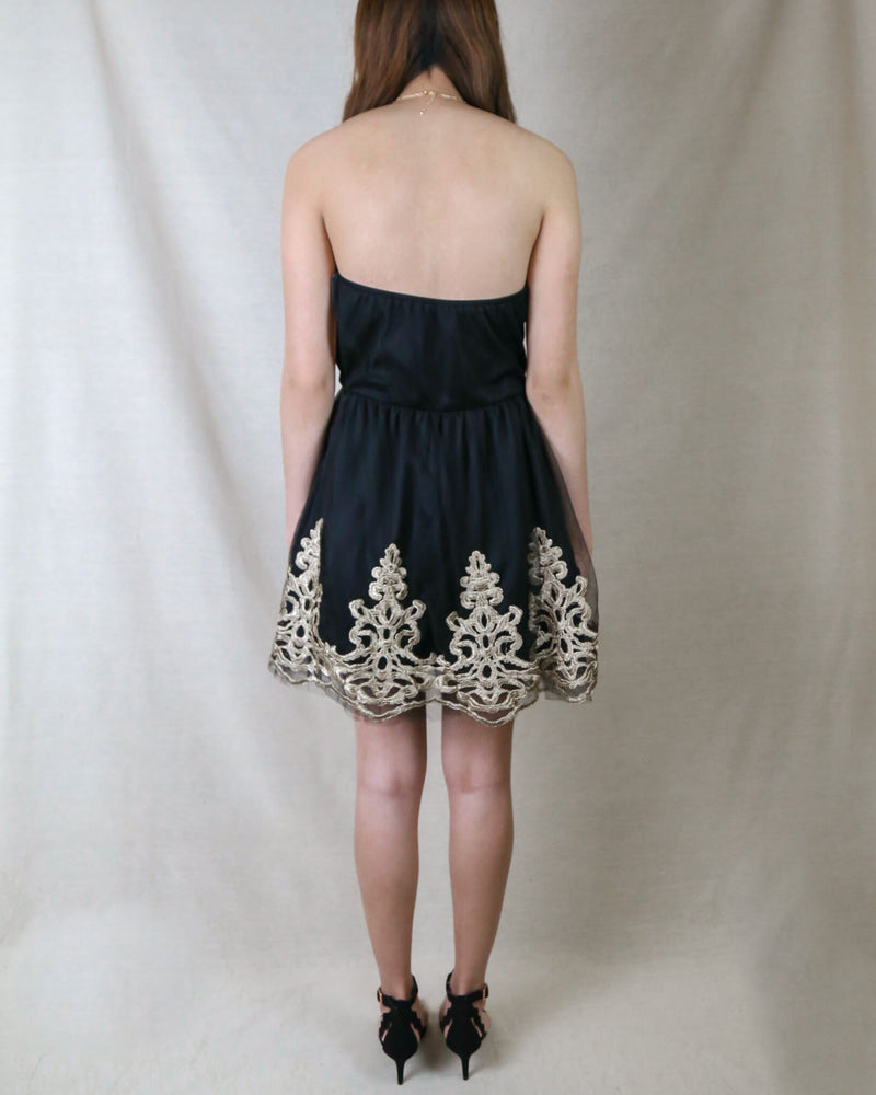 Strapless Little Black Dress With Gold Baroque Trim