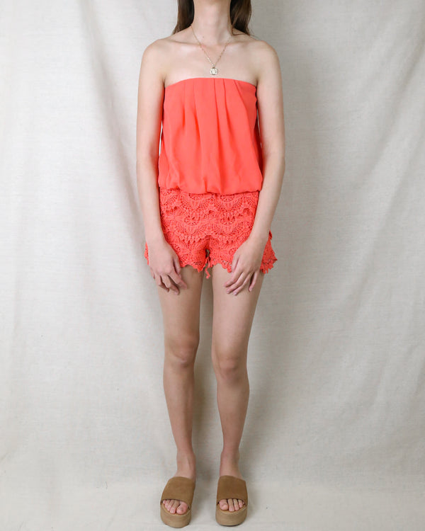 Strapless Sweetheart Bust Chiffon Romper in Coral