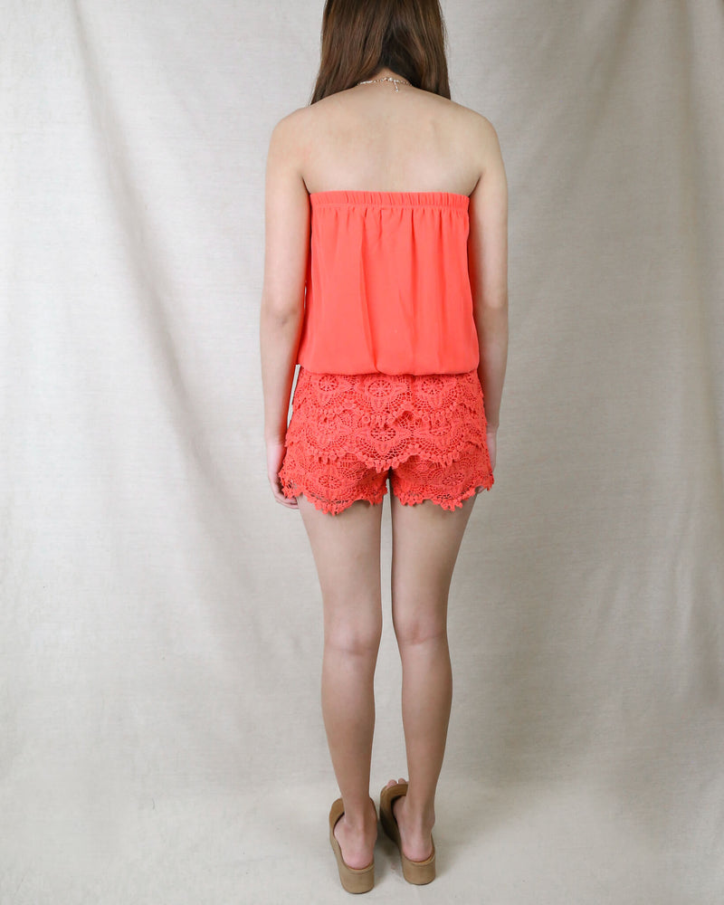 Strapless Sweetheart Bust Chiffon Romper in Coral