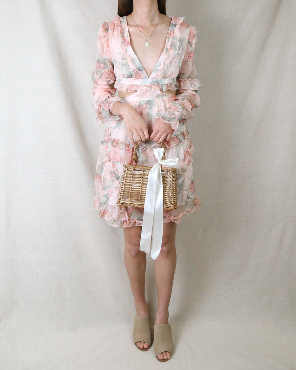 v neck - floral - ruffle trim - cut out - layered dress - lantern sleeve - pink