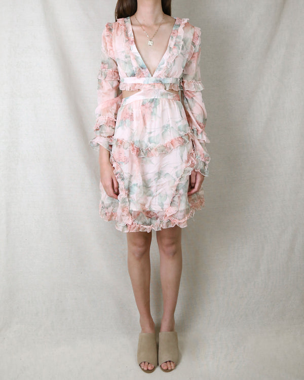 Floral Paradise V-Neck Lantern Sleeve Layered Ruffle Dress in Pink