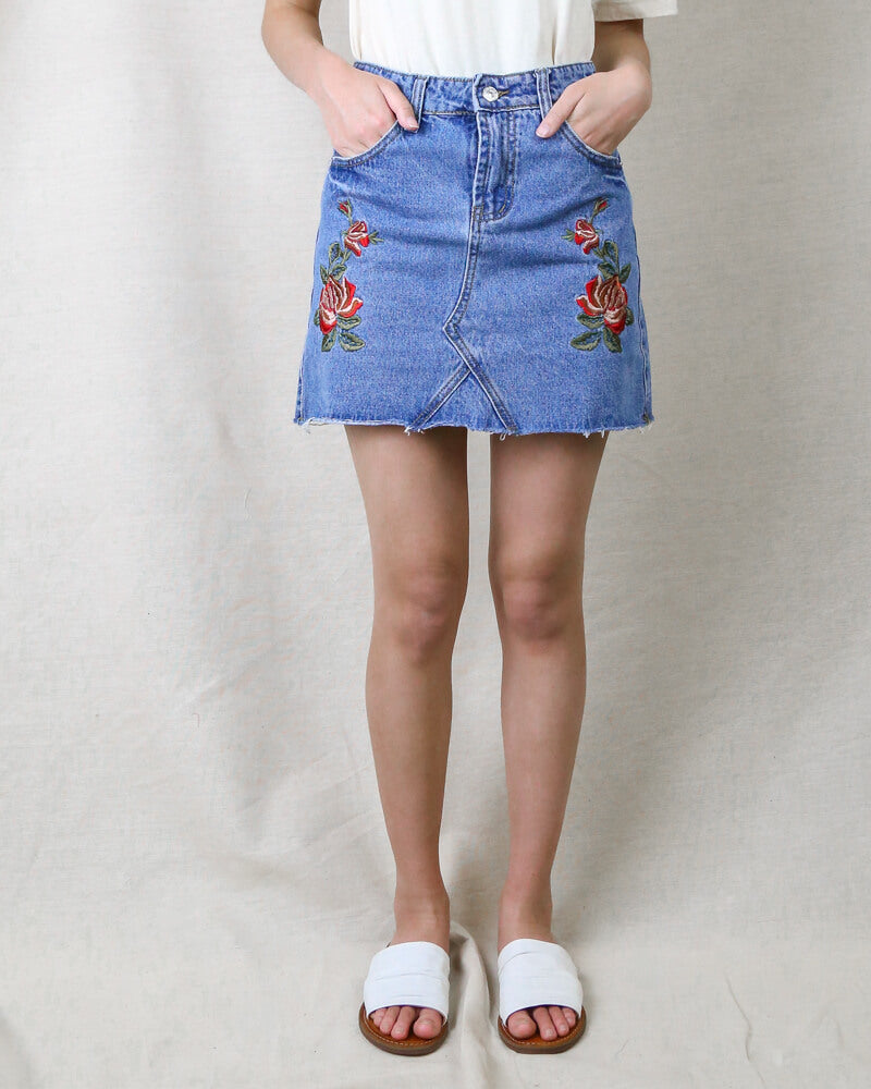 embroidered - floral - roses - mini skirt - denim - medium blue wash