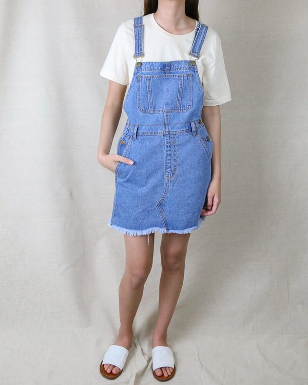 overall dress - denim - front and side pockets - raw hem