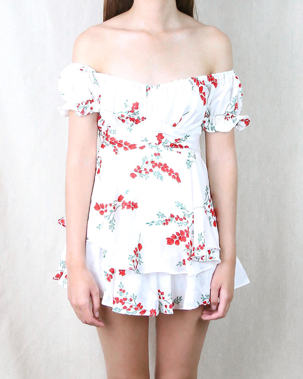 Without You Floral Off The Shoulder Ruffled Romper in White
