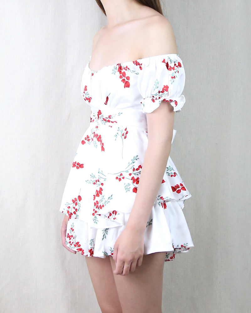 Without You Floral Off The Shoulder Ruffled Romper in White