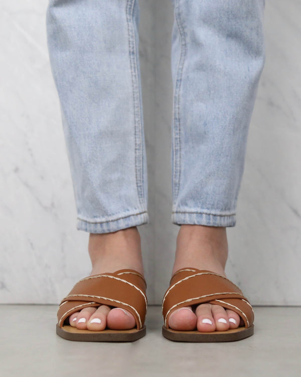 Criss Cross Square Toe Sandals in Brown