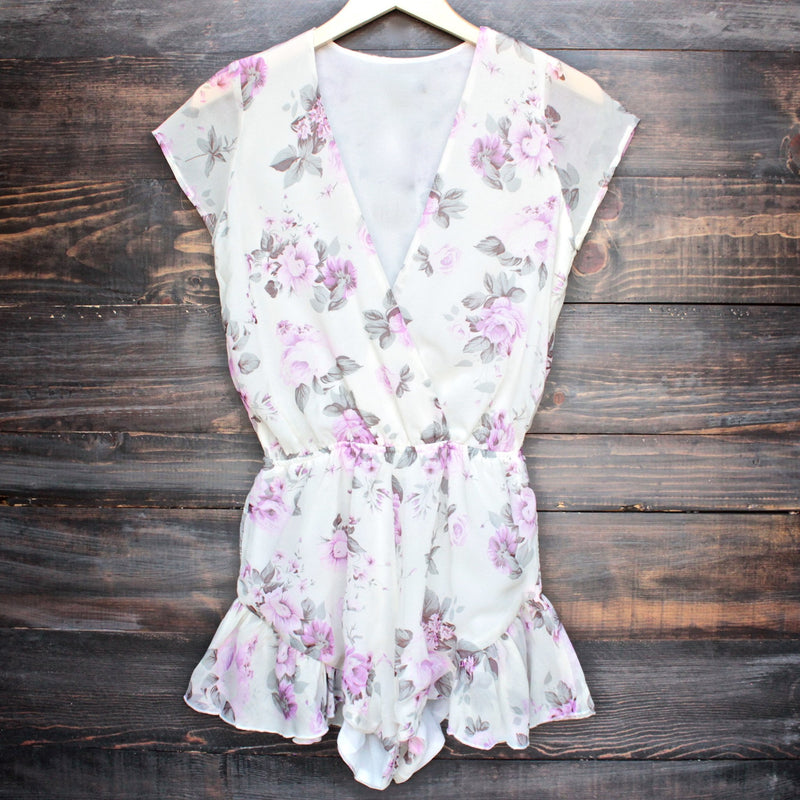 Lioness ruffle hem floral print romper in lilac + ivory - shophearts - 1
