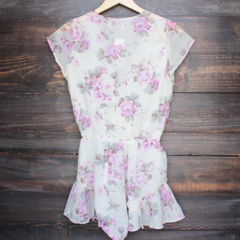 Lioness ruffle hem floral print romper in lilac + ivory - shophearts - 2