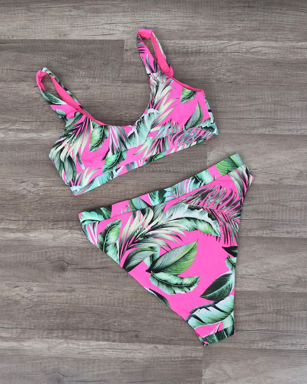 tropical - high waisted - bikini - ribbed stretch knit bikini top - scoop neck - cheeky - pink
