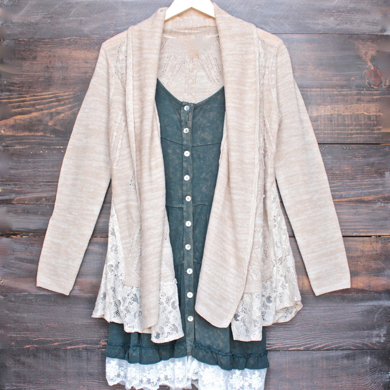 womens open front lighweight knit cardigan with lace hem in beige - shophearts - 1