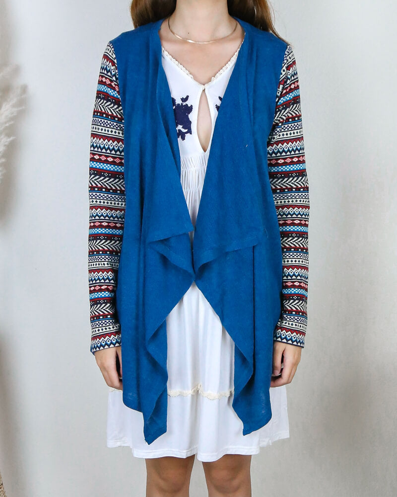 Lightweight Open Front Cascading Cardigan with Print Sleeves in Teal
