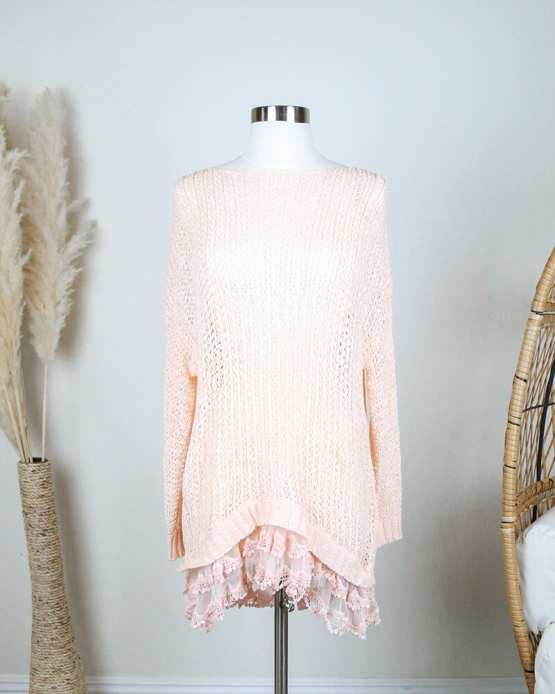 lace trim - tunic- sweater - crochet - knit - cover up - peach
