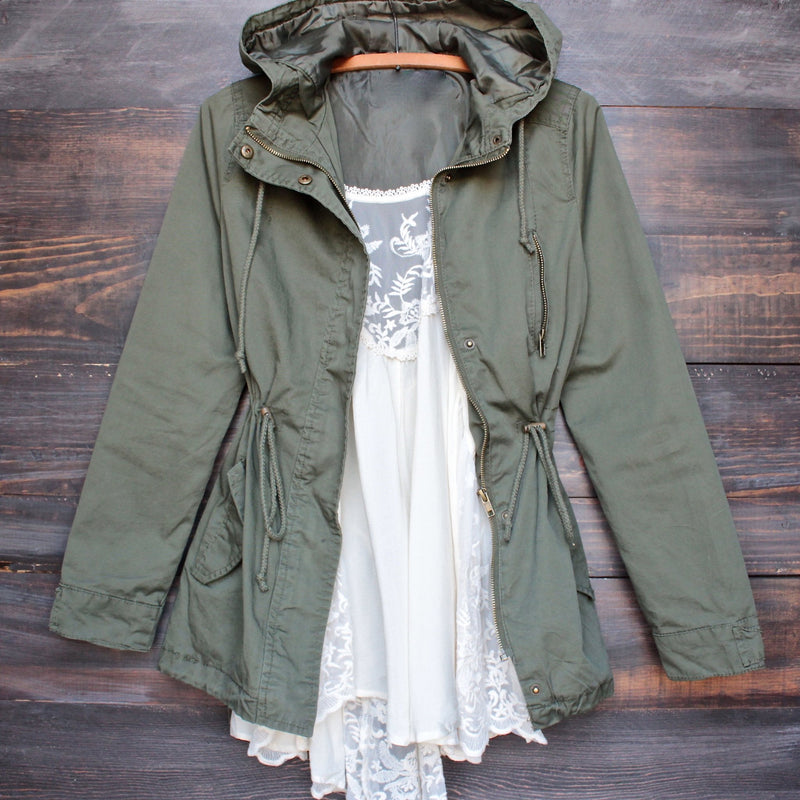 Womens hooded utility parka jacket with drawstring waist in olive green, ladies parka jackets